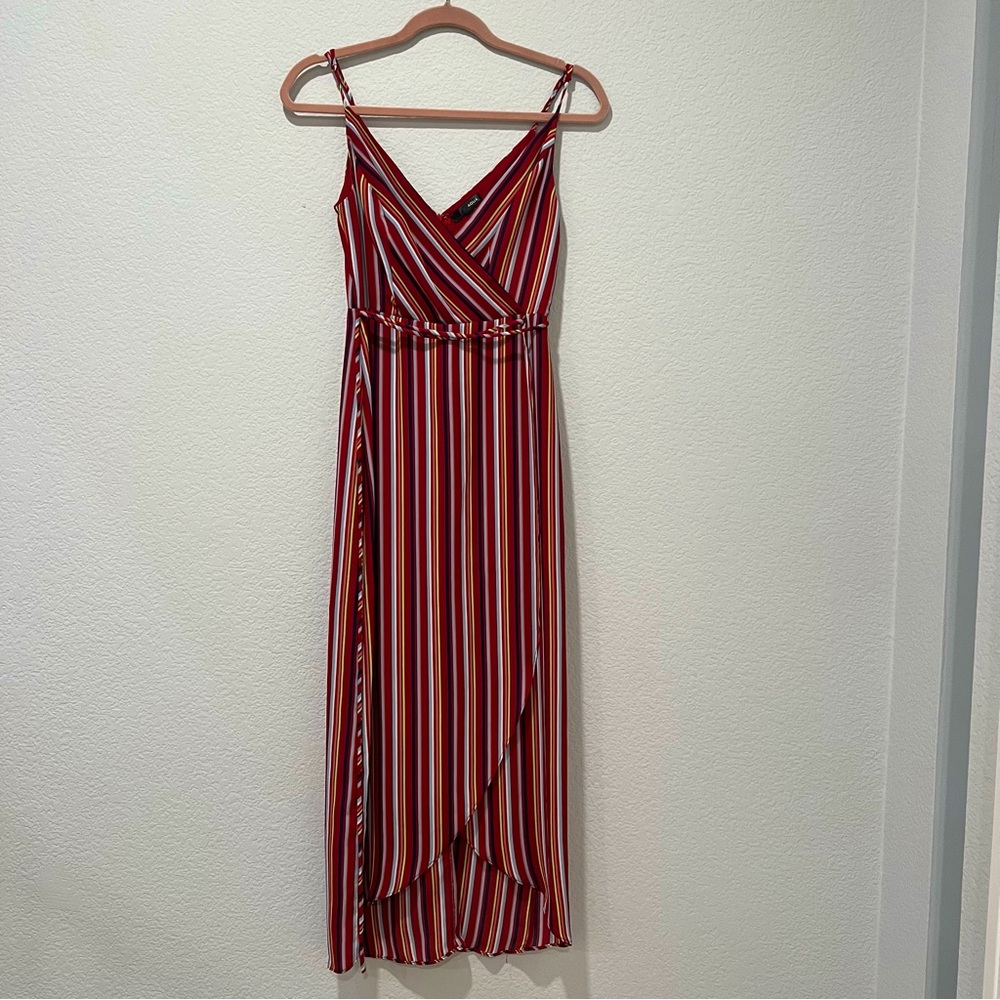 AQUA size XS Red Striped Midi Dress with leg slit and waist tie